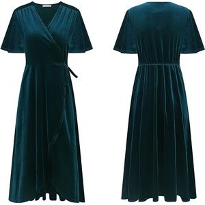 Womens Dark Green Velvet Wrap Midi Dress
